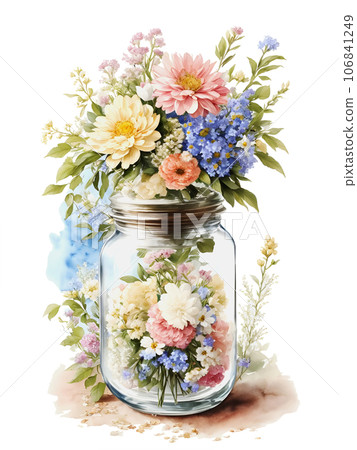 Flowers in glass jar watercolor 106841249