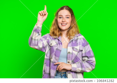 Inspired young woman having good idea, plan, startup, showing inspiration motivation Eureka gesture 106841282