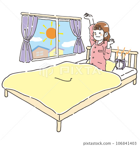 一位年輕女子早上在床上醒來，神清氣爽 106841403