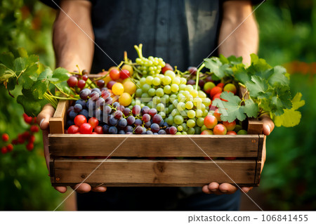 A wooden box filled with freshly harvested fruits and vegetables, Generative Ai 106841455