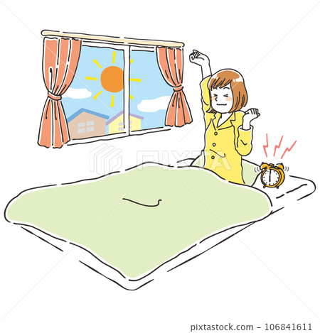 A young woman who wakes up refreshed in the morning on a futon 106841611