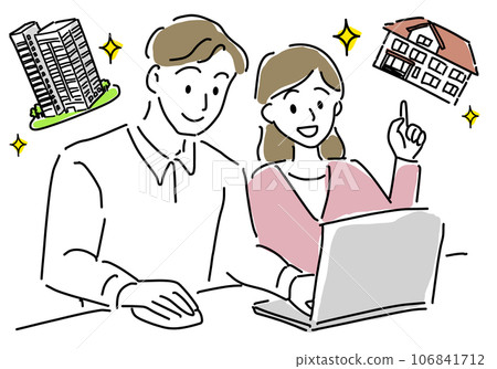 Simple line drawing of a young couple searching for a home purchase 106841712