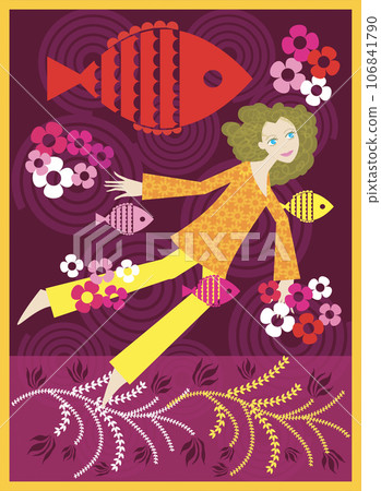 Pisces - Illustration of a woman swimming with fish Pisces - Illustration of a woman swimming with fish 106841790