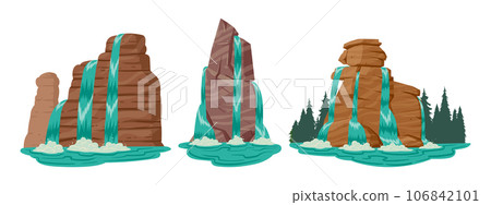 Cartoon waterfall set. Streaming water cascades, mountain river waterfall landscape flat vector illustration collection. Wild nature waterfalls Cartoon waterfall set. Streaming water cascades, mountain river waterfall landscape flat vector illustration collection. Wild nature waterfalls 106842101