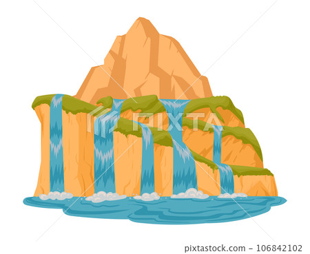 Cartoon waterfall. Streaming river waterfall scenery, wild nature water cascade flat vector illustration on white background Cartoon waterfall. Streaming river waterfall scenery, wild nature water cascade flat vector illustration on white background 106842102