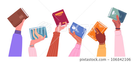 Hands holding books. Cartoon human hands with closed books. Reading, studying and literature loving people flat vector illustration set. People holding books 106842106