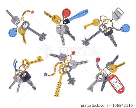 Key bunches. House or apartment door keys with keyring. Real estate property entrance keys with keychain and plastic tag flat vector illustration set. Door key bunch collection 106842110