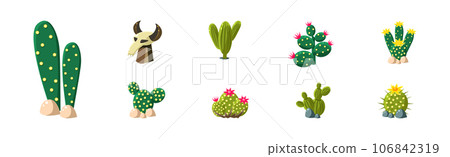 Cactus Plant Growing as Prickly Desert Flora Vector Set Cactus Plant Growing as Prickly Desert Flora Vector Set 106842319