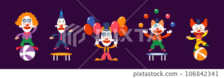 Bright Clown Character in Circus Costume Vector Set Bright Clown Character in Circus Costume Vector Set 106842341