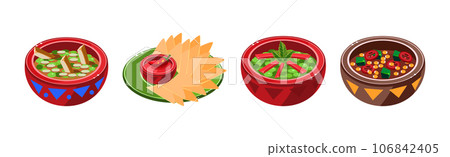 Bright Mexican Food and Dish Served on Plate Vector Set Bright Mexican Food and Dish Served on Plate Vector Set 106842405