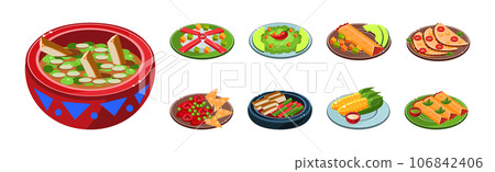 Bright Mexican Food and Dish Served on Plate Vector Set 106842406