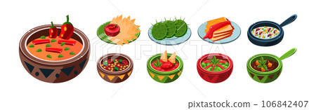 Bright Mexican Food and Dish Served on Plate Vector Set 106842407