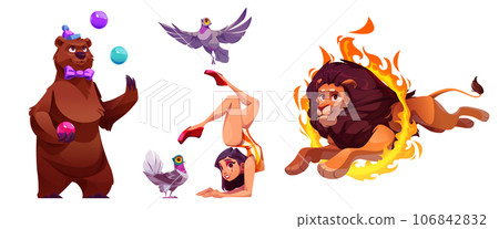 Carnival acrobat, lion, bear circus illustration 106842832