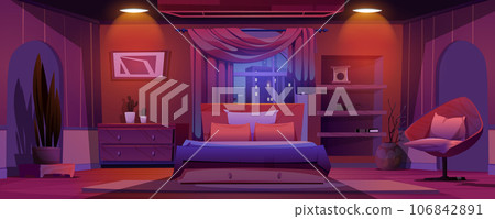 Night bedroom with window and cityscape cartoon 106842891