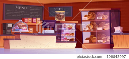 Modern cafe with fresh pastry on shelves 106842997