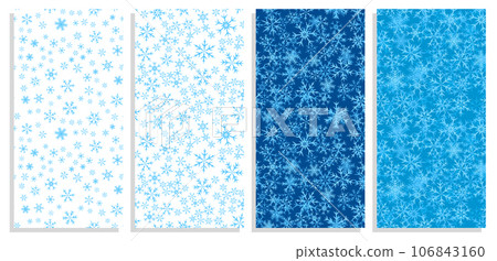 Set of vertical flyers with winter snowflakes. Six pointed fluffy snowflakes symbol of winter weather and festive mood. Templates for invitation, banners, brochures print. Vector on white and blue 106843160
