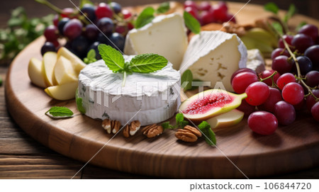 Cheese plate served with grapes, jam, figs, crackers and nuts on a wooden background Cheese plate served with grapes, jam, figs, crackers and nuts on a wooden background 106844720