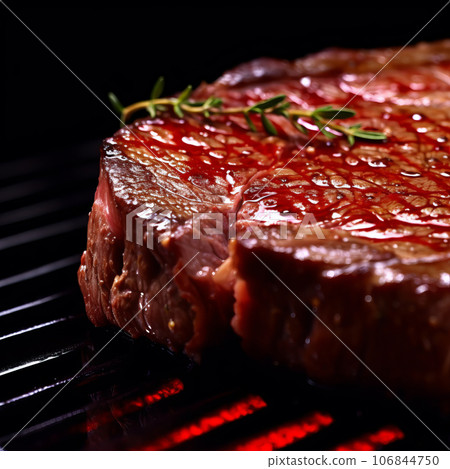 Grilled Steak with herbs cooking over flaming grill Grilled Steak with herbs cooking over flaming grill 106844750