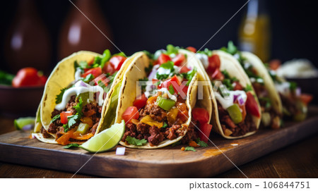 Mexican food - delicious taco shells with ground beef and home made salsa 106844751