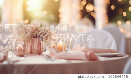 Beautiful outdoor table setting with flowers and candles Beautiful outdoor table setting with flowers and candles 106844756