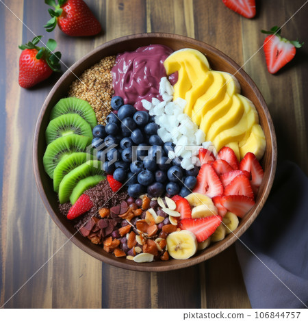 Acai bowl on wooden table close up Acai bowl on wooden table close up 106844757