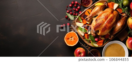 Traditional homemade roasted Thanksgiving Day turkey dinner. Top-view table scene on a dark wood banner background. Turkey, mashed potatoes, dressing, pumpkin pie, and sides Traditional homemade roasted Thanksgiving Day turkey dinner. Top-view table scene on a dark wood banner background. Turkey, mashed potatoes, dressing, pumpkin pie, and sides 106844855