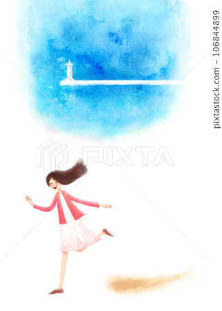 a woman on a beach with a lighthouse 106844899