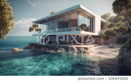Design house - modern villa with open plan living and private bedroom wing. Large terrace with privacy and, swimming pool. Generative AI. 106845680