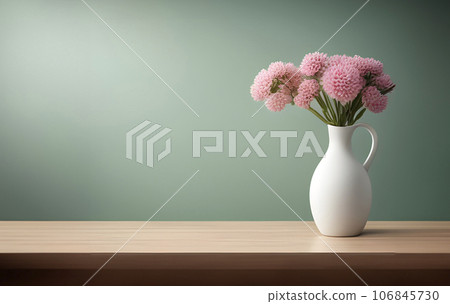 White ceramic vase with pink flowers on a wooden table near a mint-colored empty wall. Modern interior, Scandinavian style 106845730
