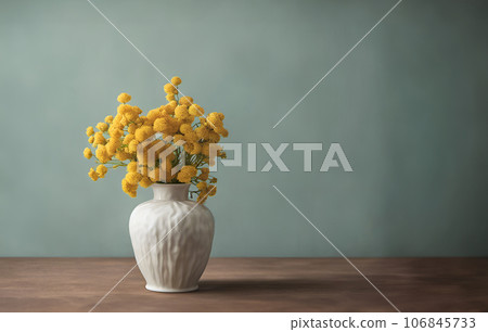 White ceramic vase with yellow dried flowers on a wooden table near a mint-colored empty wall. Modern interior, Scandinavian style White ceramic vase with yellow dried flowers on a wooden table near a mint-colored empty wall. Modern interior, Scandinavian style 106845733
