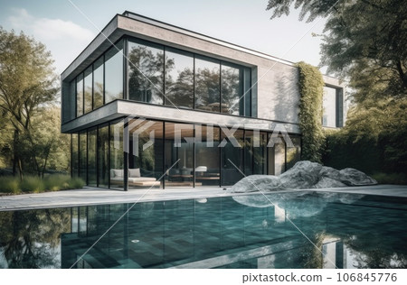 Design house - modern villa with open plan living and private bedroom wing. Large terrace with privacy and, swimming pool. Generative AI. 106845776