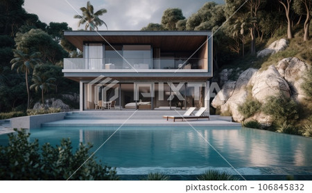 Design house - modern villa with open plan living and private bedroom wing. Large terrace with privacy and, swimming pool. Generative AI. 106845832