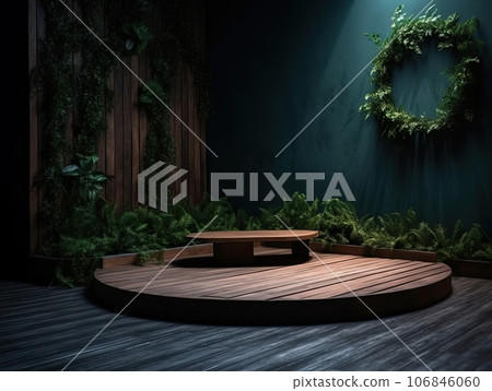 Green podium in modern tropical background for product placement 3d render. AI Generative 106846060