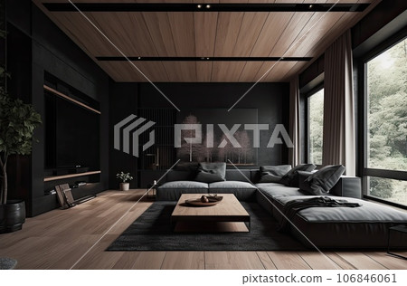 Modern interior design for home, office, interior details, upholstered furniture against the background of a dark classic wall 106846061