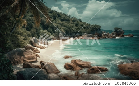 Drone aerial view at couple on the beach, top view at tropical beach with people on the beach. AI Generative. 106846300