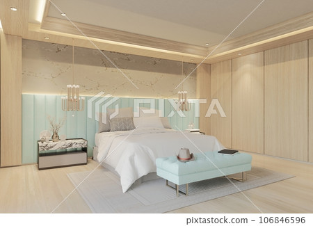 Modern Luxury Bedroom with powder blue Color. 3D Illustration Render 106846596
