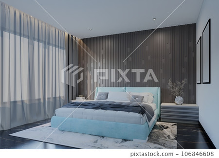 Modern Luxury Bedroom with powder blue Color. 3D Illustration Render 106846608