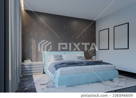 Modern Luxury Bedroom with powder blue Color. 3D Illustration Render 106846609
