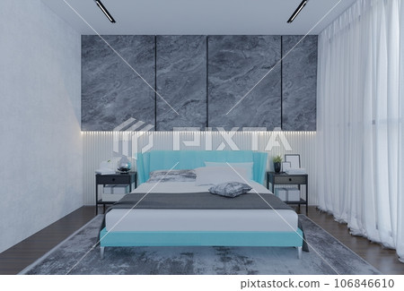 Modern Luxury Bedroom with powder blue Color. 3D Illustration Render 106846610