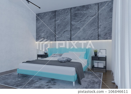 Modern Luxury Bedroom with powder blue Color. 3D Illustration Render Modern Luxury Bedroom with powder blue Color. 3D Illustration Render 106846611