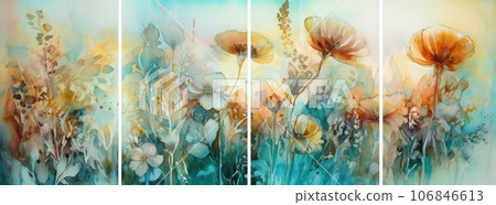 Paint, watercolor, plants, abstract, texture, gold element, fashion and art background, flowers and roses. AI Generative. 106846613