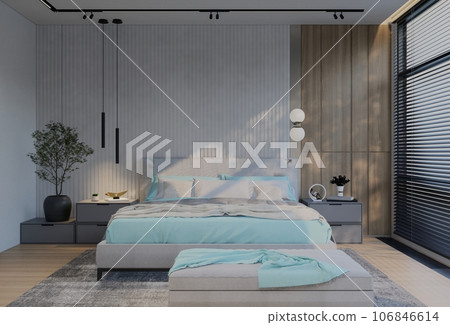 Modern Luxury Bedroom with powder blue Color. 3D Illustration Render 106846614