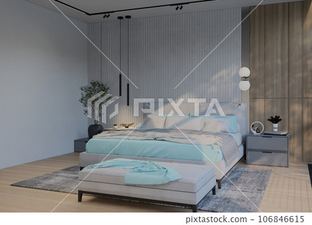 Modern Luxury Bedroom with powder blue Color. 3D Illustration Render Modern Luxury Bedroom with powder blue Color. 3D Illustration Render 106846615