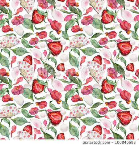 Watercolor seamless pattern with hand drawn traditional Japanese sweets. Wagashi, mochi, camellia flowers. Isolated on white background. Invitations, restaurant menu, greeting cards, print, textile 106846698