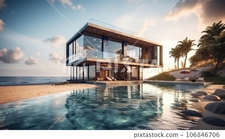 Design house - modern villa with open plan living and private bedroom wing. Large terrace with privacy and, swimming pool. Generative AI. 106846706