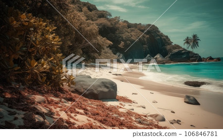 Drone aerial view at couple on the beach, top view at tropical beach with people on the beach. AI Generative. 106846781