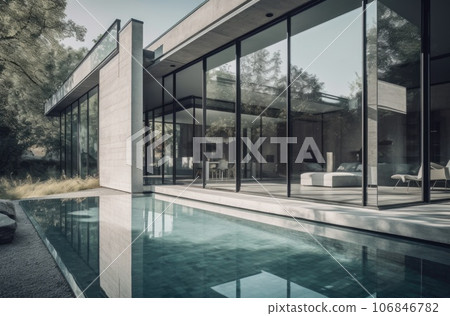 Design house - modern villa with open plan living and private bedroom wing. Large terrace with privacy and, swimming pool. Generative AI. 106846782