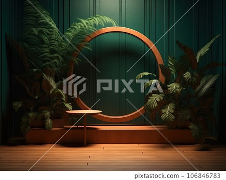 Green podium in modern tropical background for product placement 3d render. AI Generative 106846783