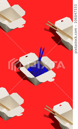 Contemporary art collage. Modern creative artwork. Colorful pattern made of painted asian food, wok background. Conceptual inspiring wallpaper for ad. 106847333