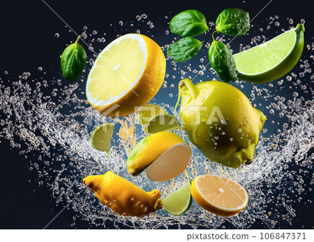 Flying ginger and lemon and lime slices with splash of water on dark background. Generative AI 106847371